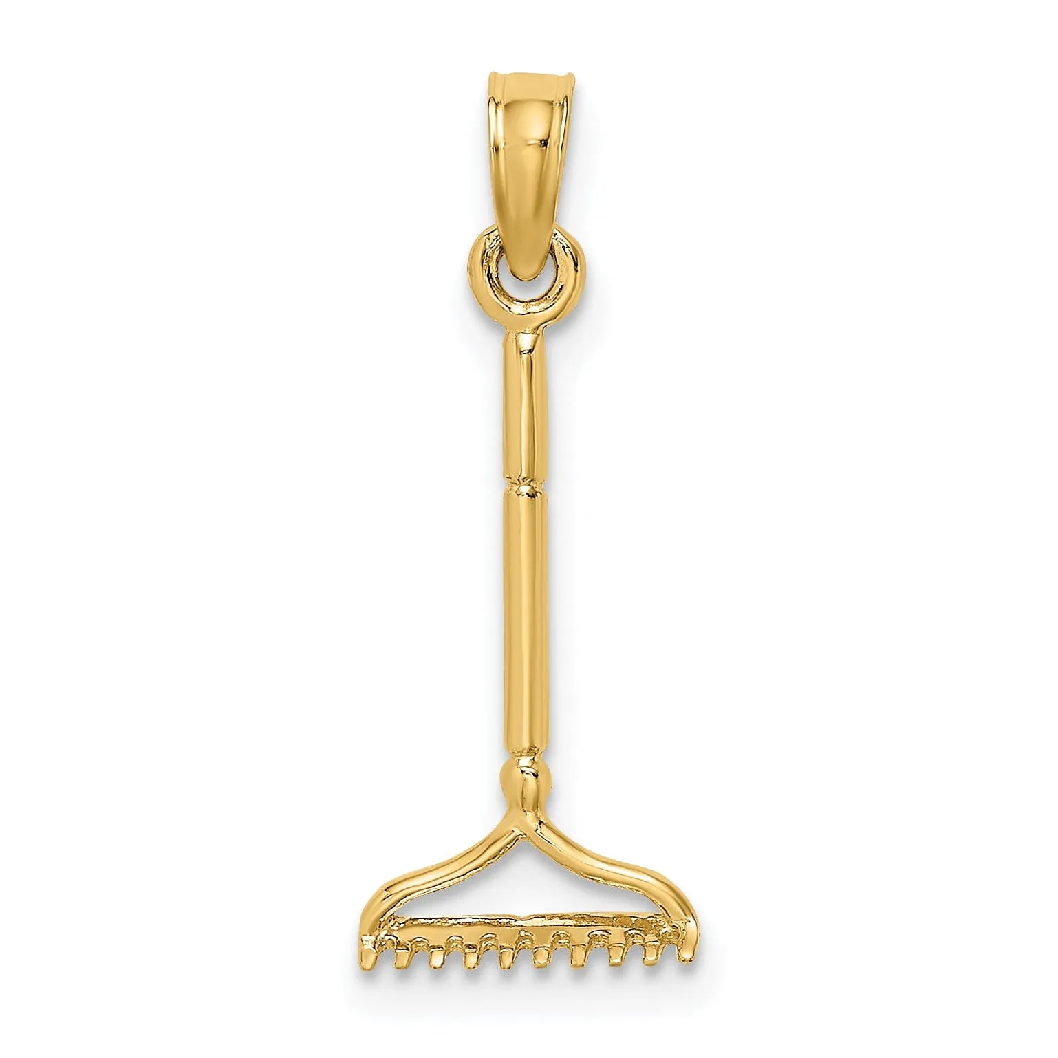 14K Yellow Gold Polished Finish 3-Dimensional Landscape Rake Garden Tool Charm Pendant