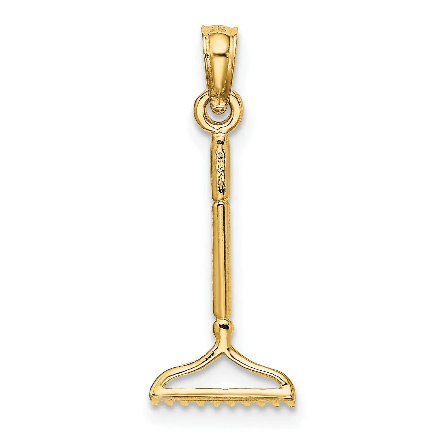 14K Yellow Gold Polished Finish 3-Dimensional Landscape Rake Garden Tool Charm Pendant