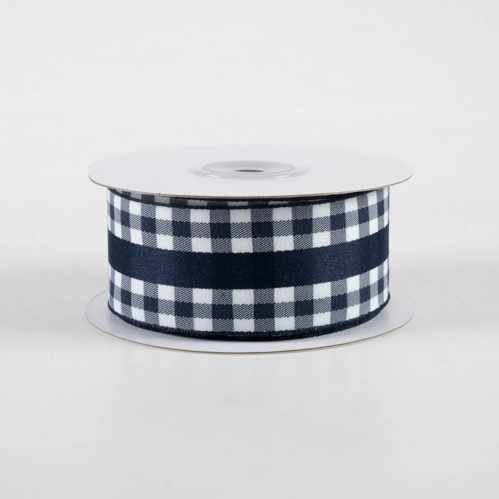 1.5"x10yd Mini Gingham w/Center Stripe Ribbon, Navy Blue/White  JY28