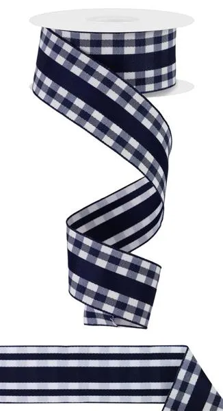 1.5"x10yd Mini Gingham w/Center Stripe Ribbon, Navy Blue/White  JY28