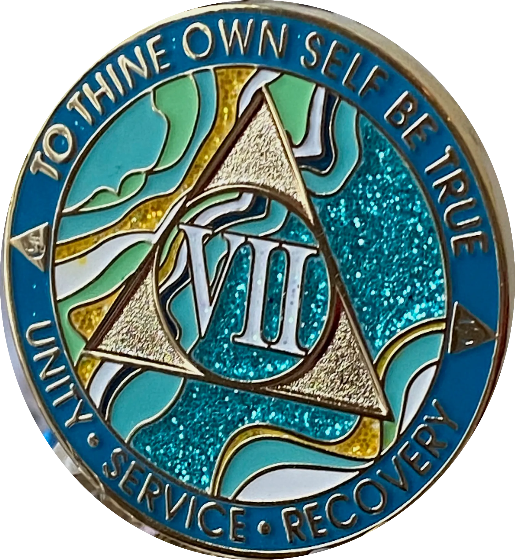 7 Year AA Medallion Elegant Caribbean Aqua Glitter Teal Marble Gold Sobriety Chip