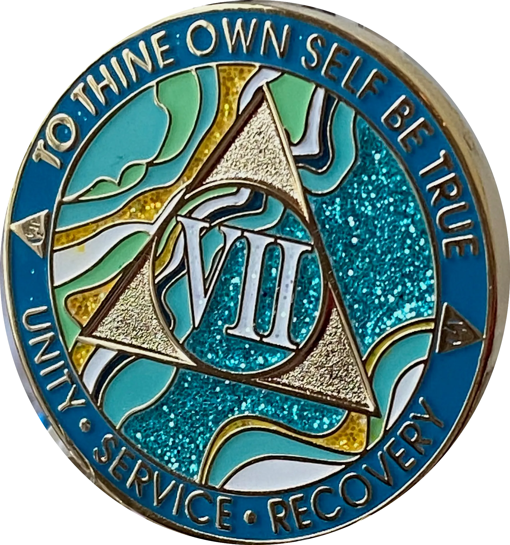 7 Year AA Medallion Elegant Caribbean Aqua Glitter Teal Marble Gold Sobriety Chip