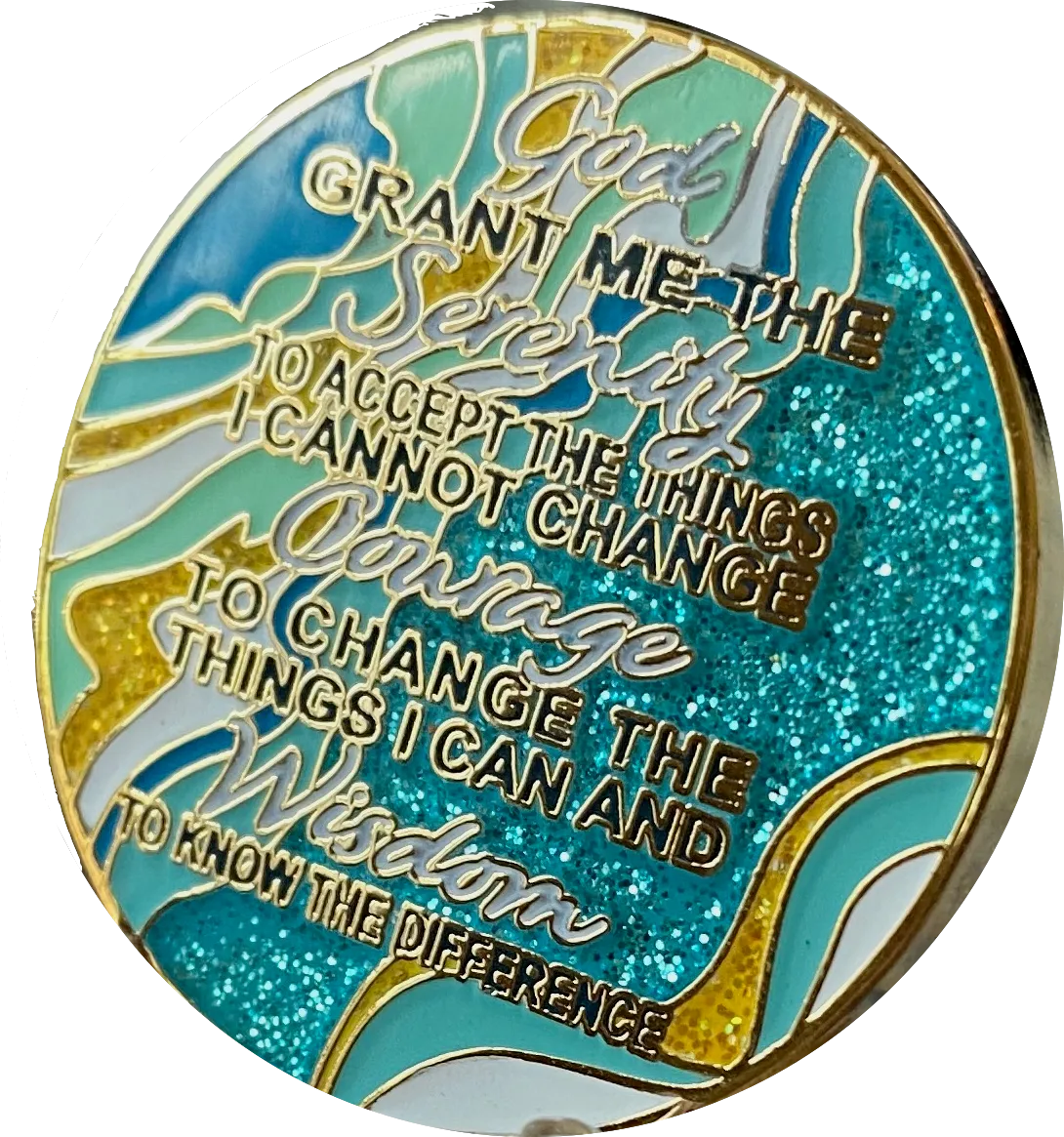 7 Year AA Medallion Elegant Caribbean Aqua Glitter Teal Marble Gold Sobriety Chip