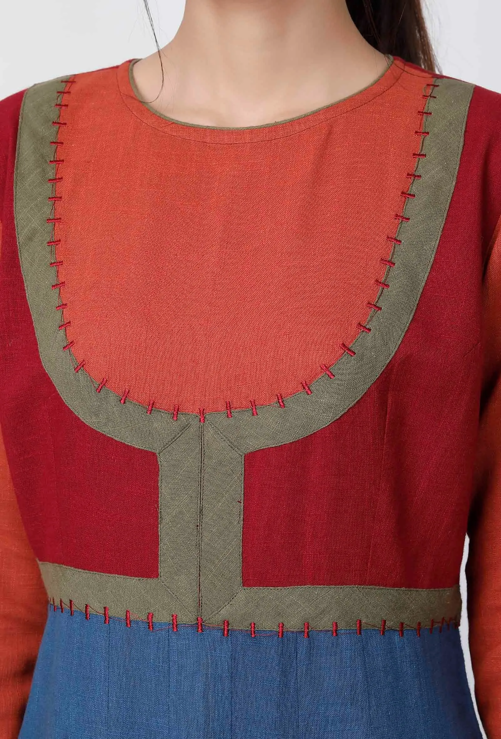 A-line Multicolor Blocked Cotton Kurta