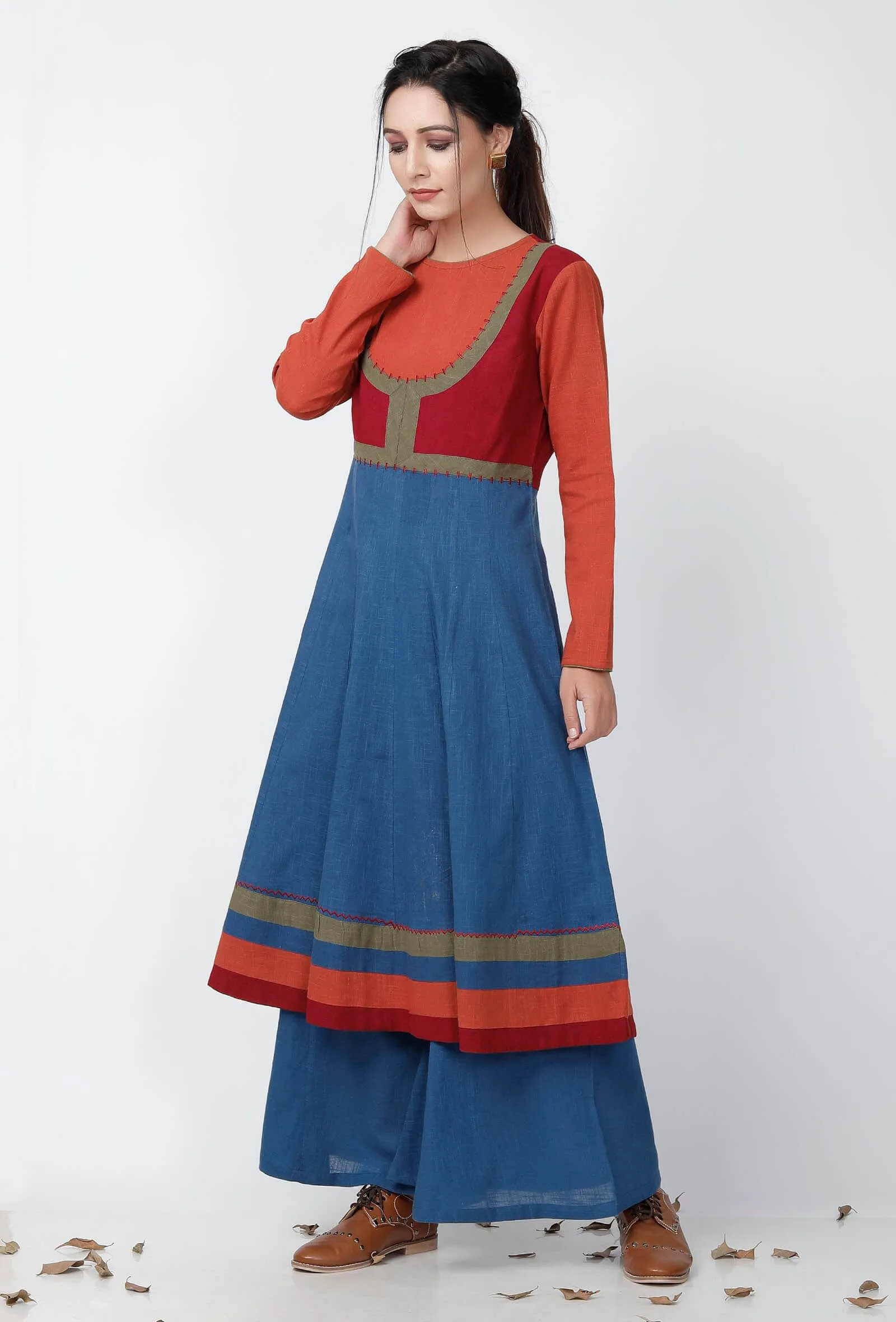 A-line Multicolor Blocked Cotton Kurta