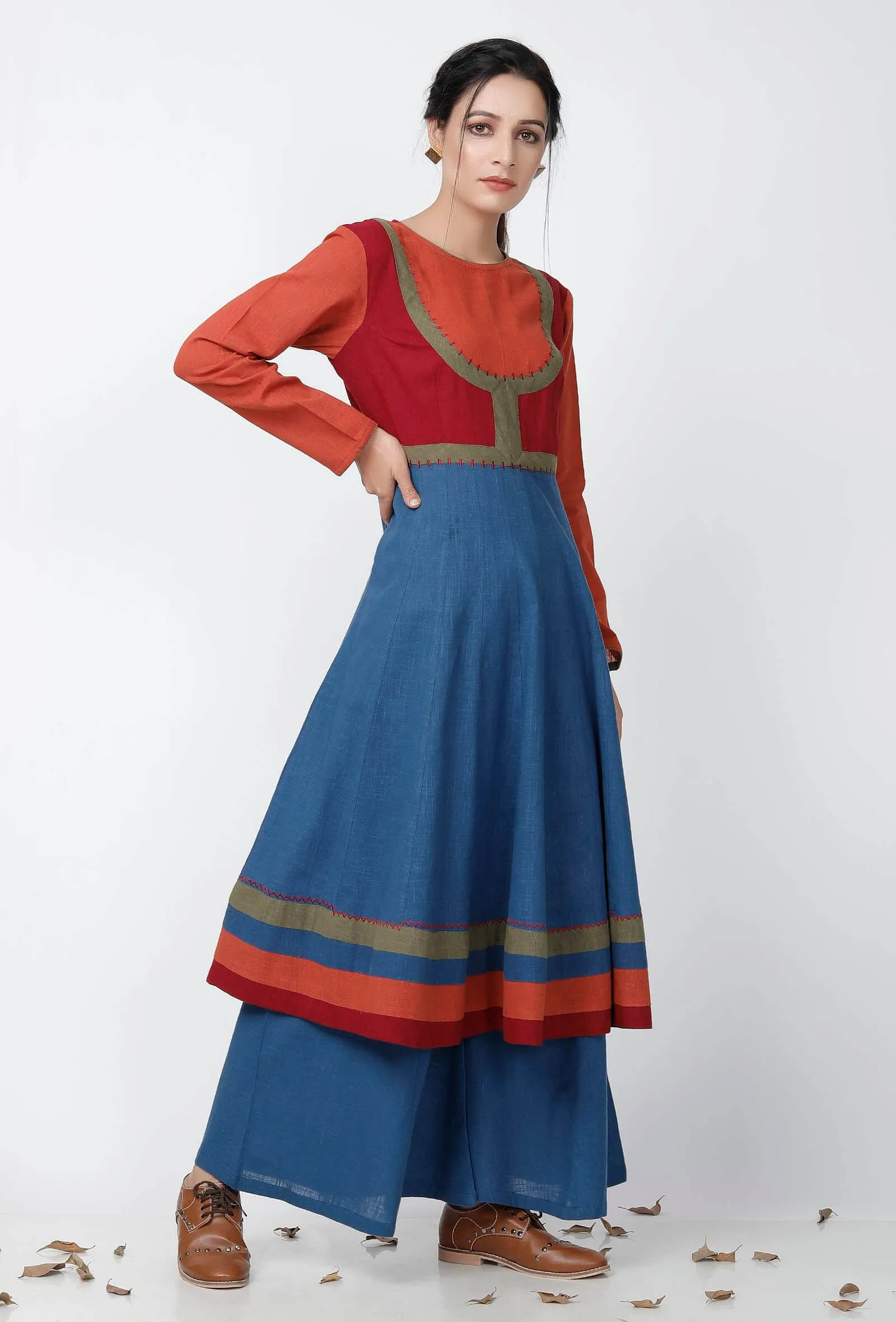 A-line Multicolor Blocked Cotton Kurta