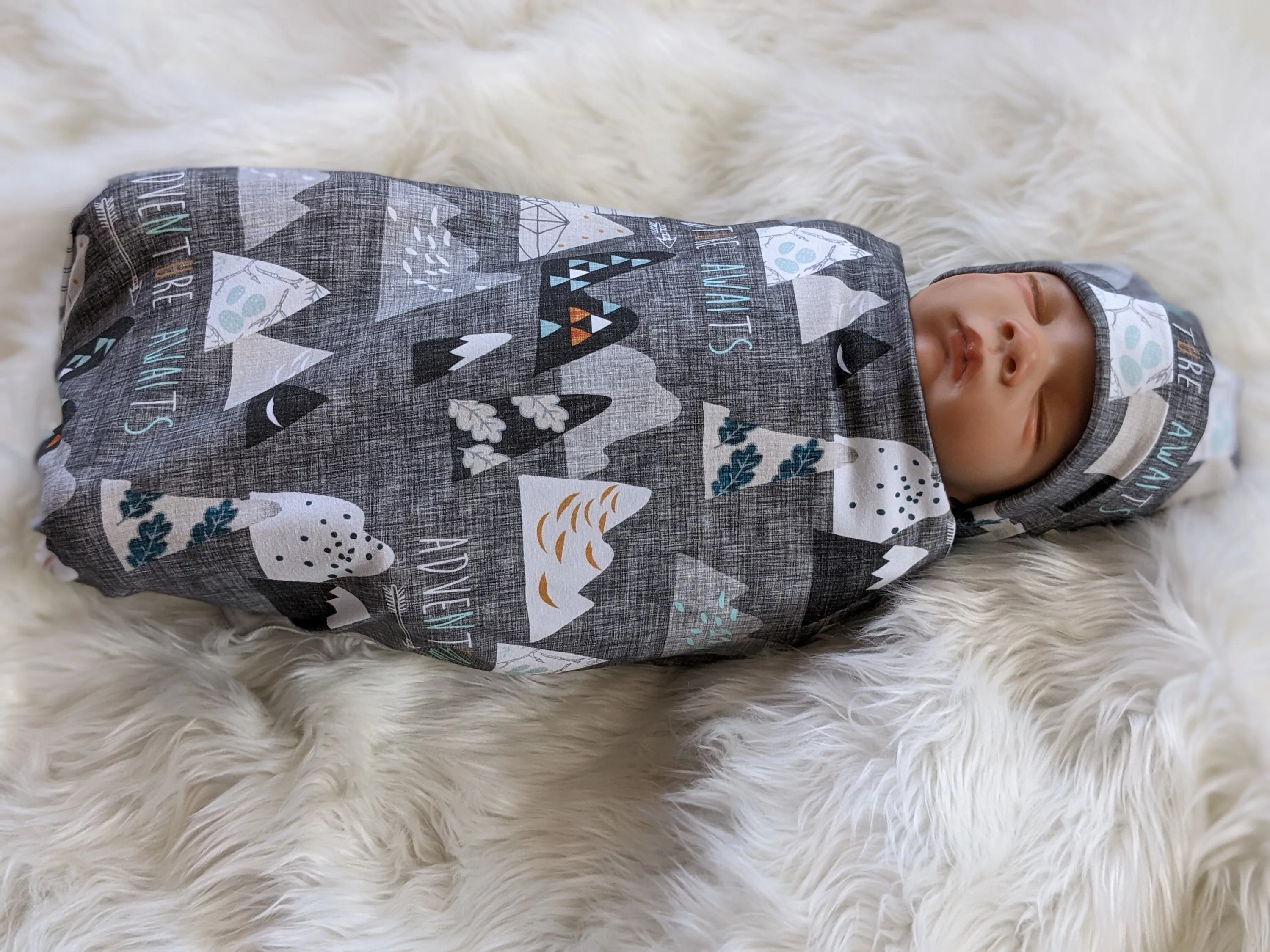 Adventure Awaits Mountain Baby Blanket   Matching Hat or Headband in Charcoal Gray,Outdoorsy,Whimsy