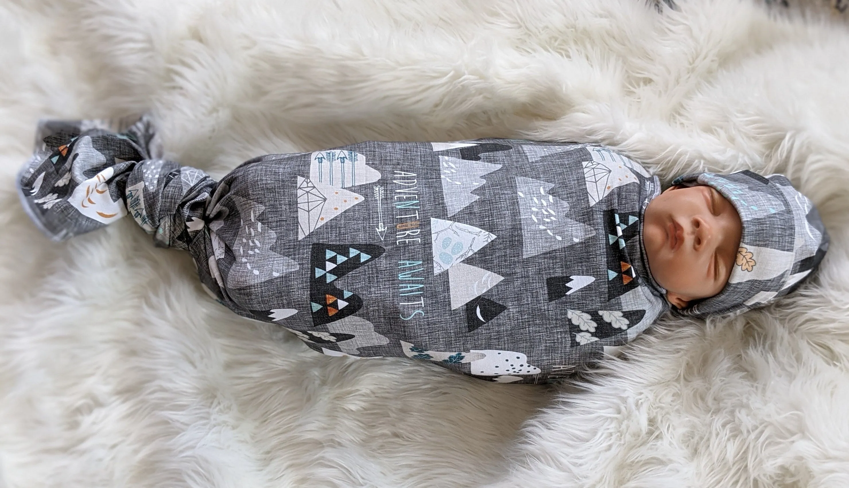 Adventure Awaits Mountain Baby Blanket   Matching Hat or Headband in Charcoal Gray,Outdoorsy,Whimsy