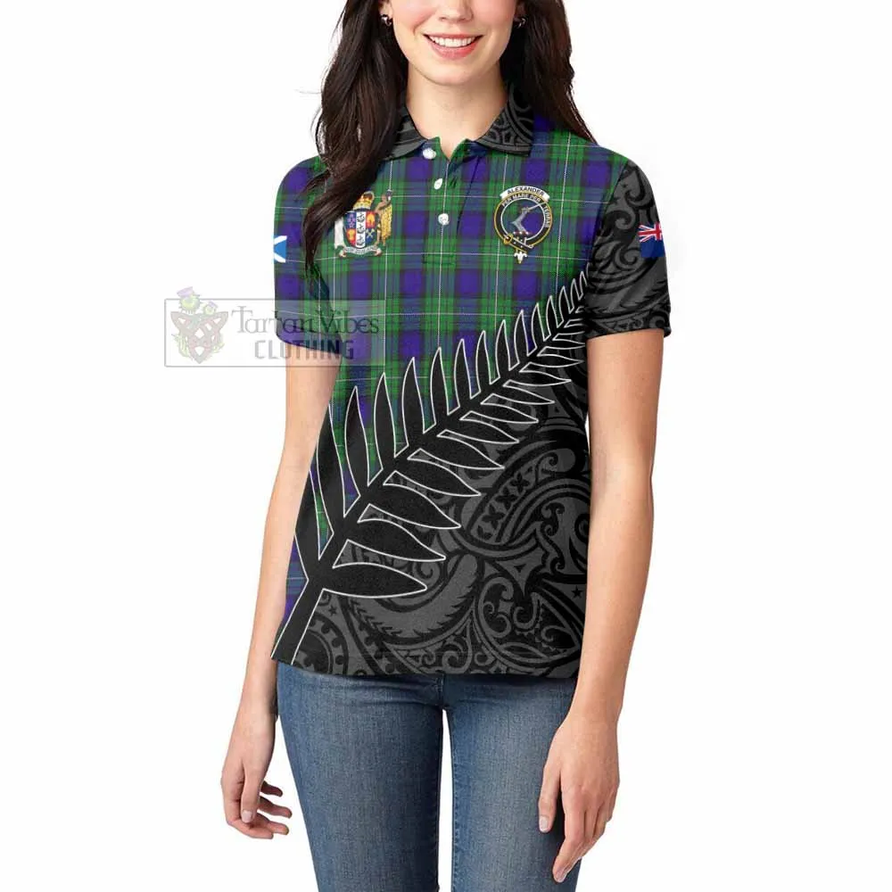 Alexander Crest Tartan Women's Polo Shirt with New Zealand Silver Fern Half Style