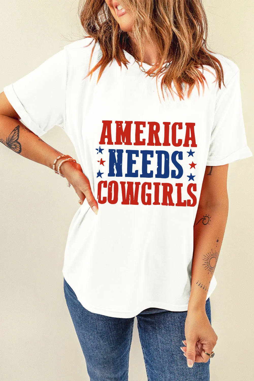 America Needs Cowgirls Graphic Tee in White Shift Style