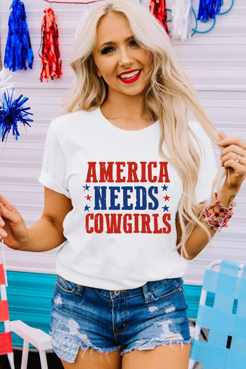 America Needs Cowgirls Graphic Tee in White Shift Style