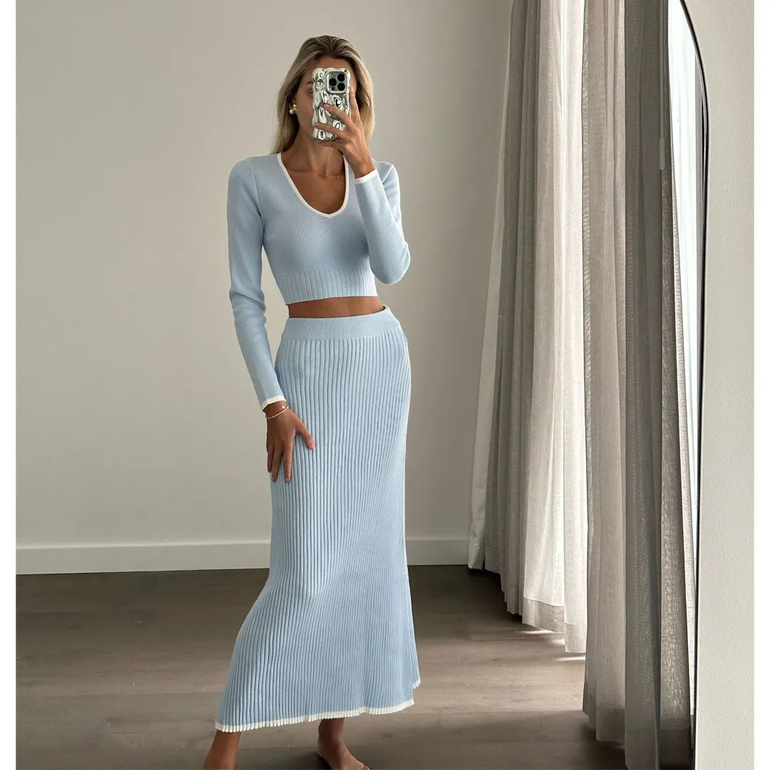 ANIKA Baby Blue High Waist Knit A-line Maxi Skirt