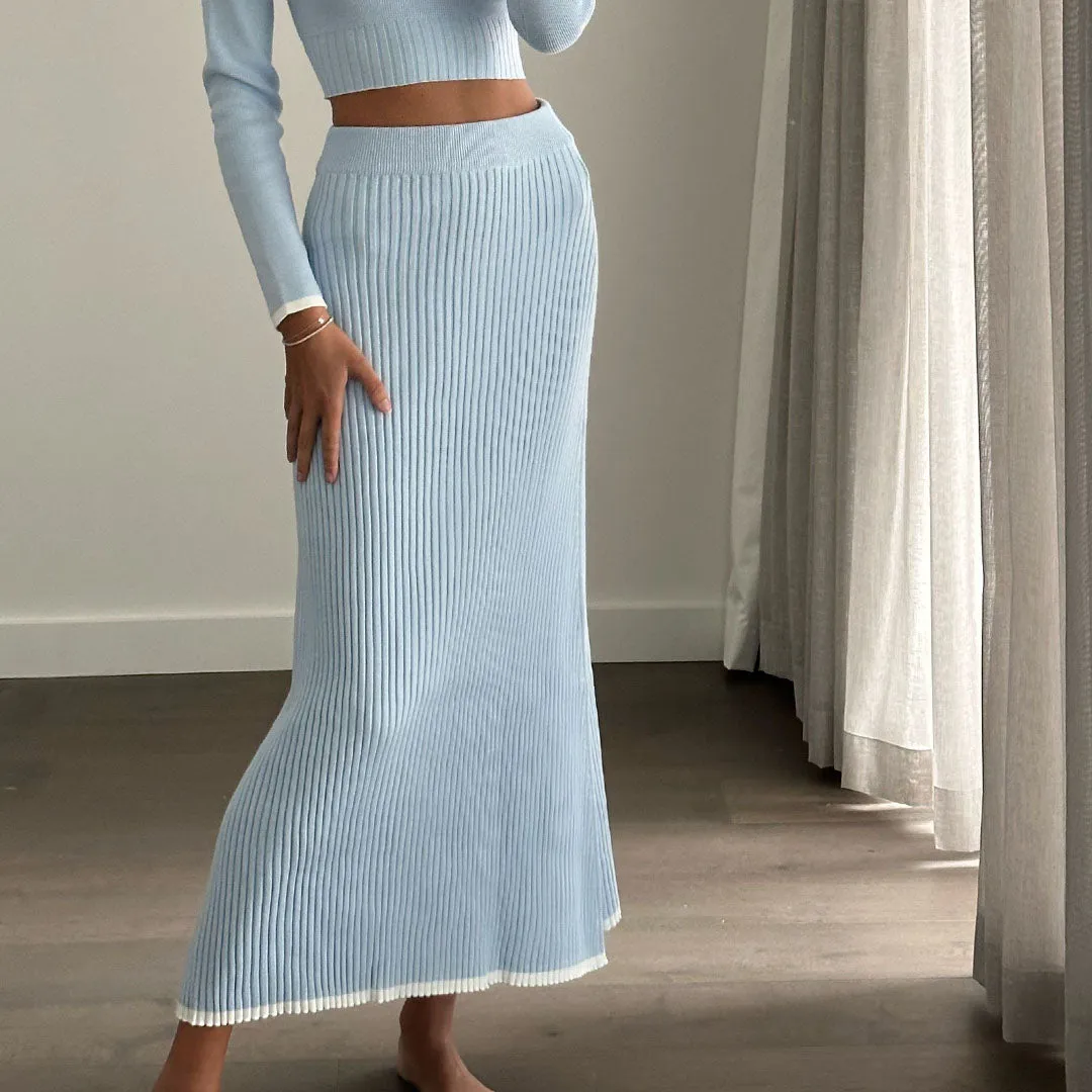 ANIKA Baby Blue High Waist Knit A-line Maxi Skirt