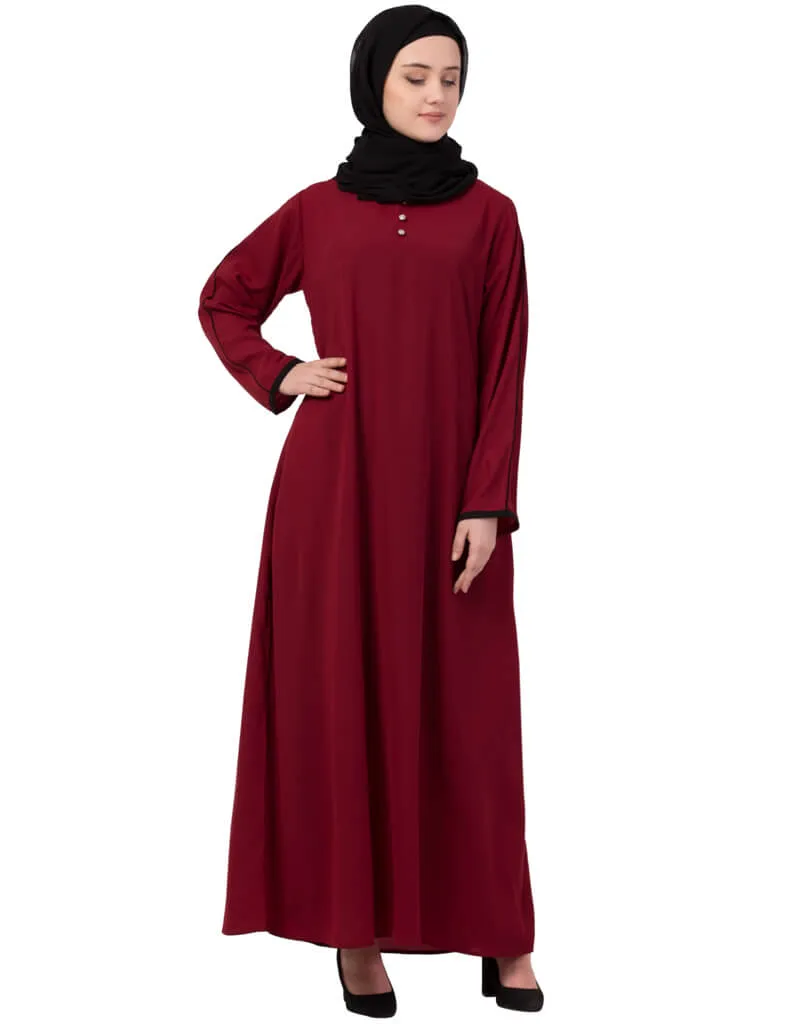 Arabic Contrast Piping at Sleeve Casual Abaya Maroon