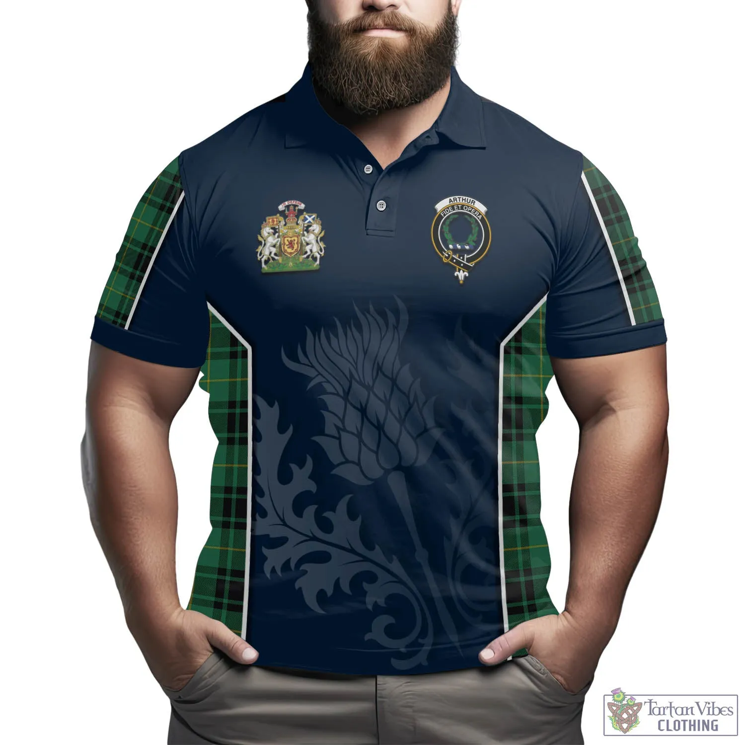 Arthur Ancient Tartan Men's Polo Shirt with Family Crest and Scottish Thistle Vibes Sport Style