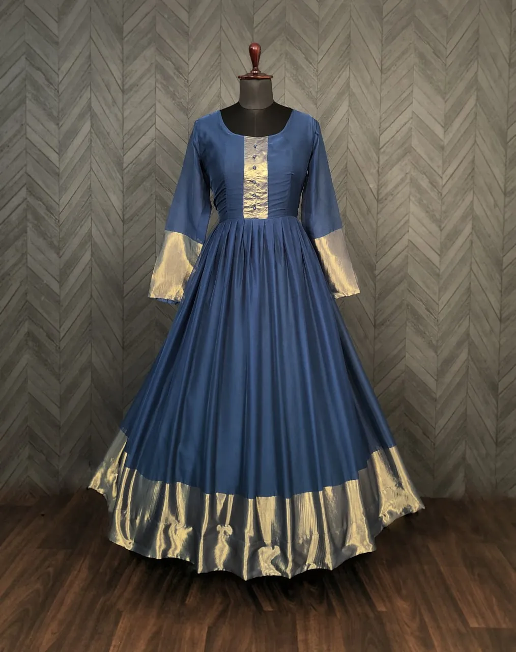 Attractive Chiffon Golden Zari Patta Navy Blue Color Gown