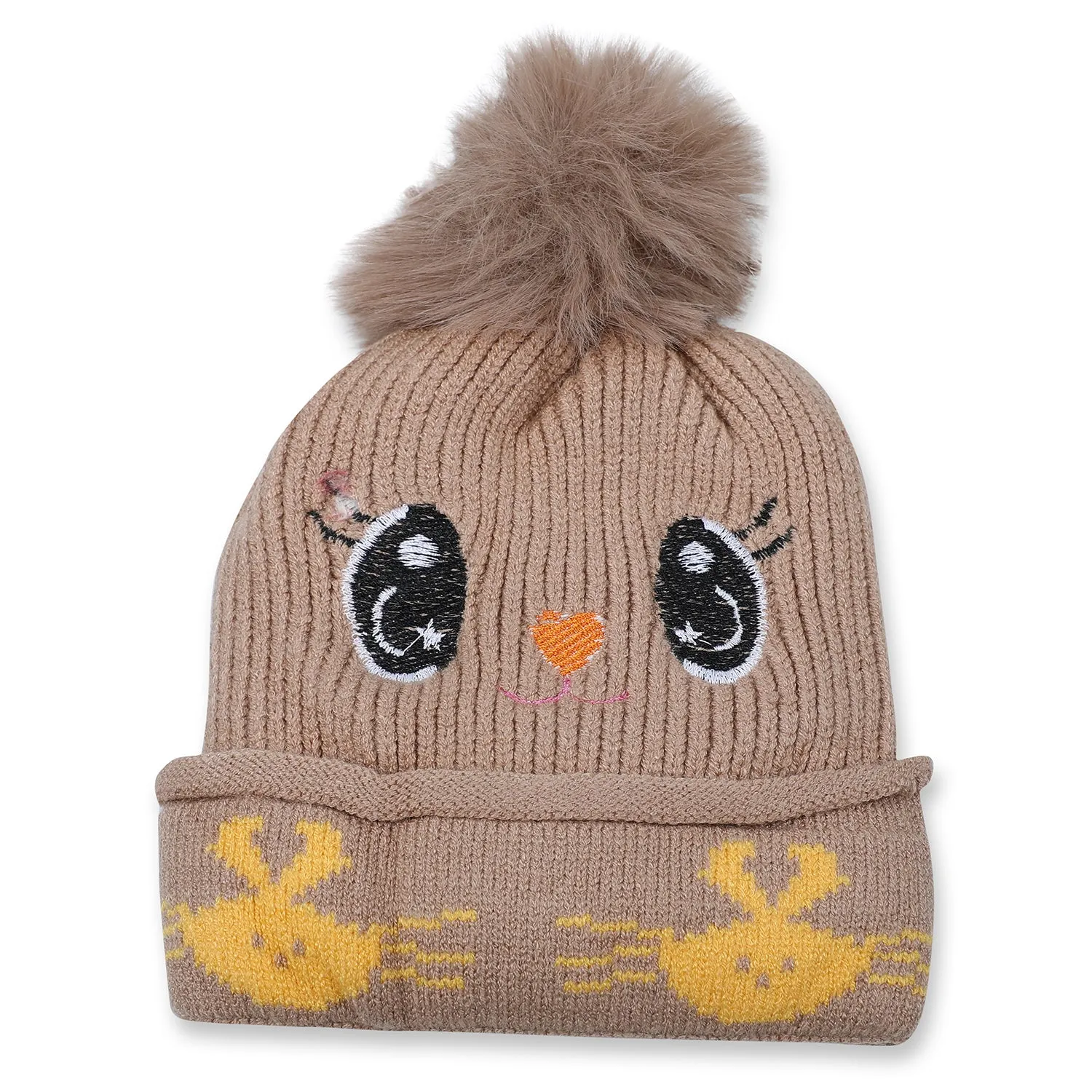 Baby Moo Tweety Eyes Pom Pom Woollen Cap - Beige