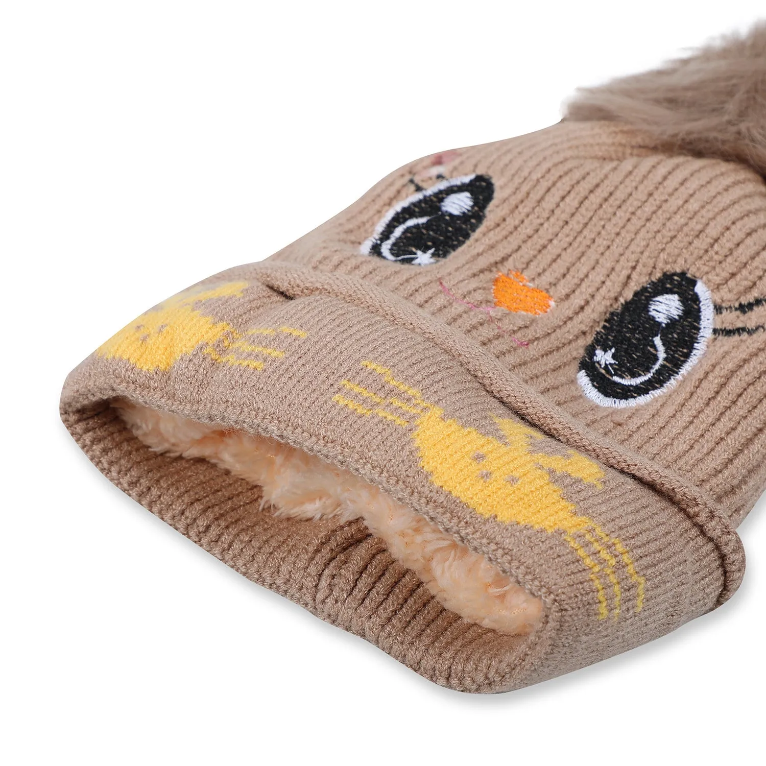 Baby Moo Tweety Eyes Pom Pom Woollen Cap - Beige