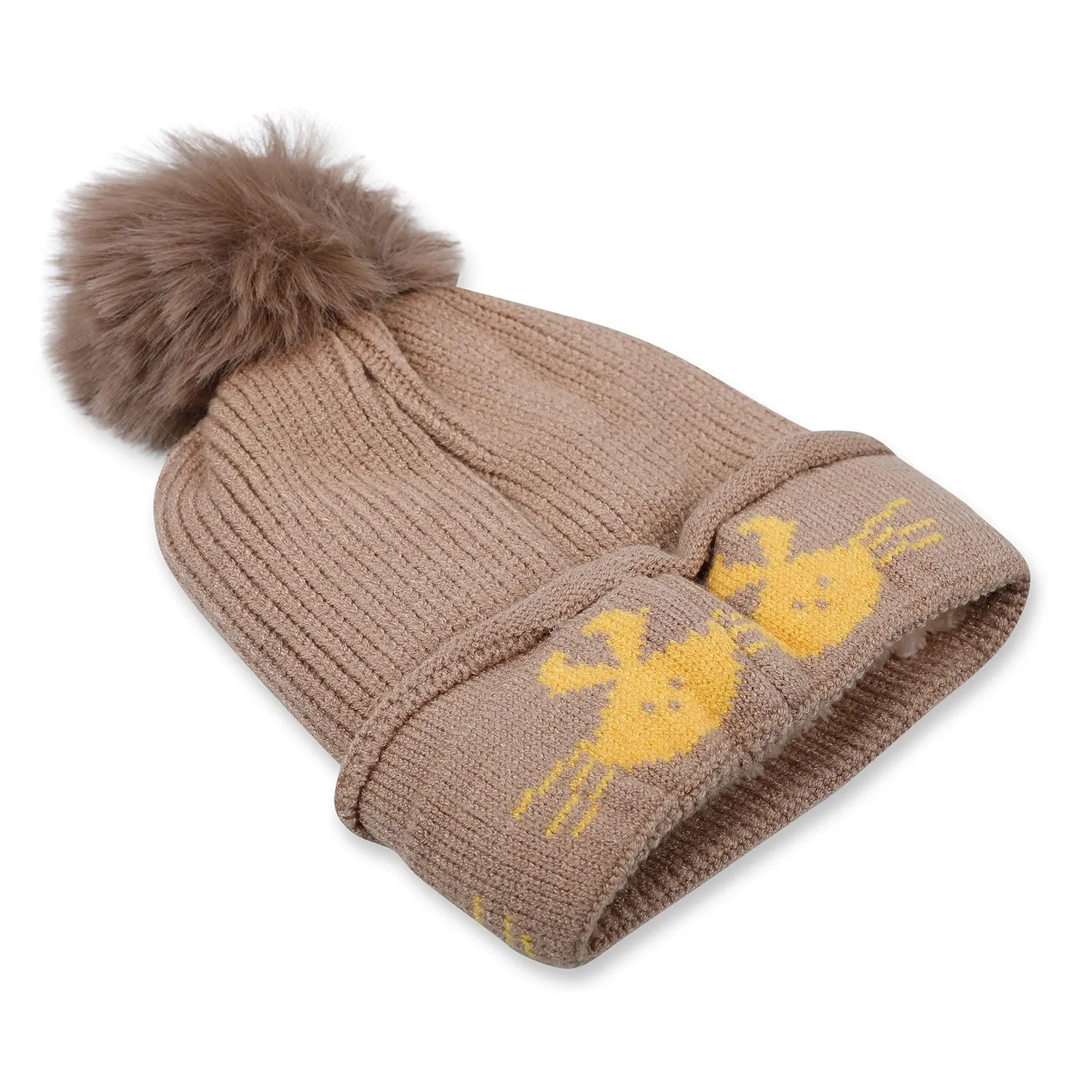 Baby Moo Tweety Eyes Pom Pom Woollen Cap - Beige