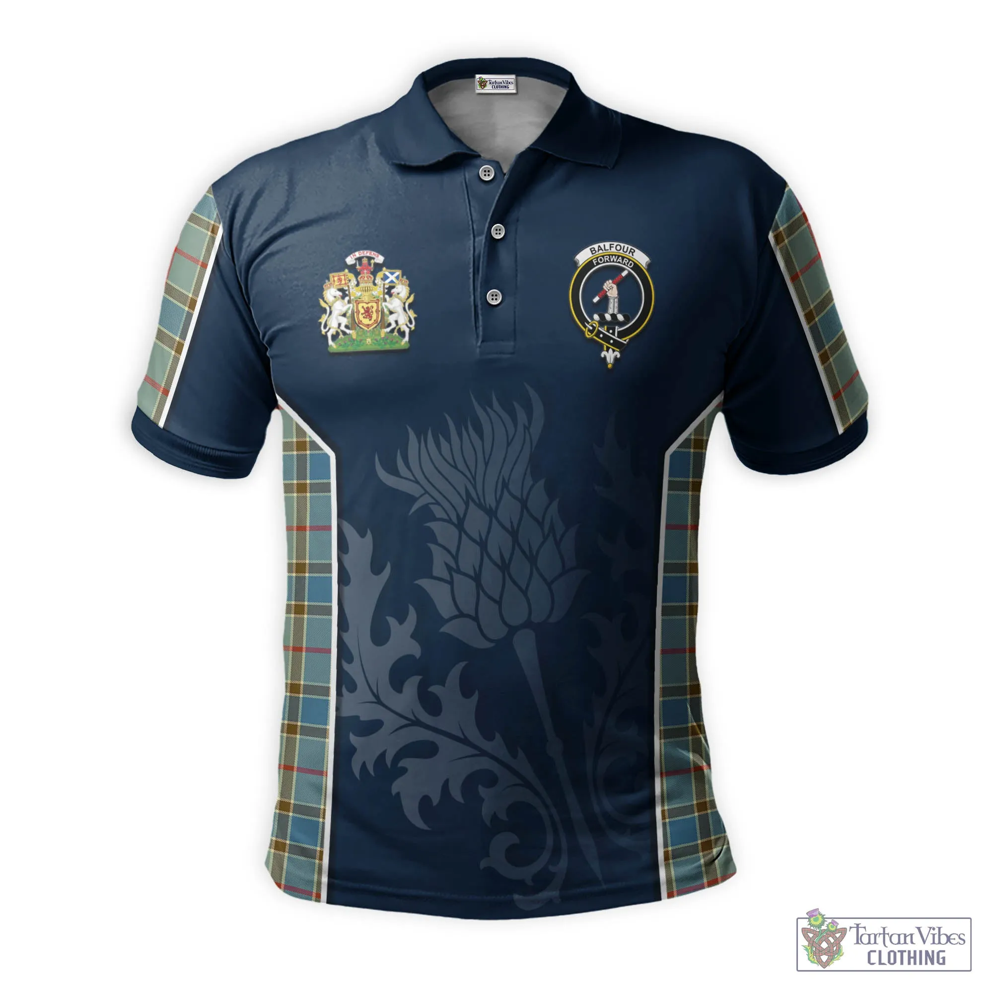 Balfour Blue Tartan Men's Polo Shirt with Family Crest and Scottish Thistle Vibes Sport Style