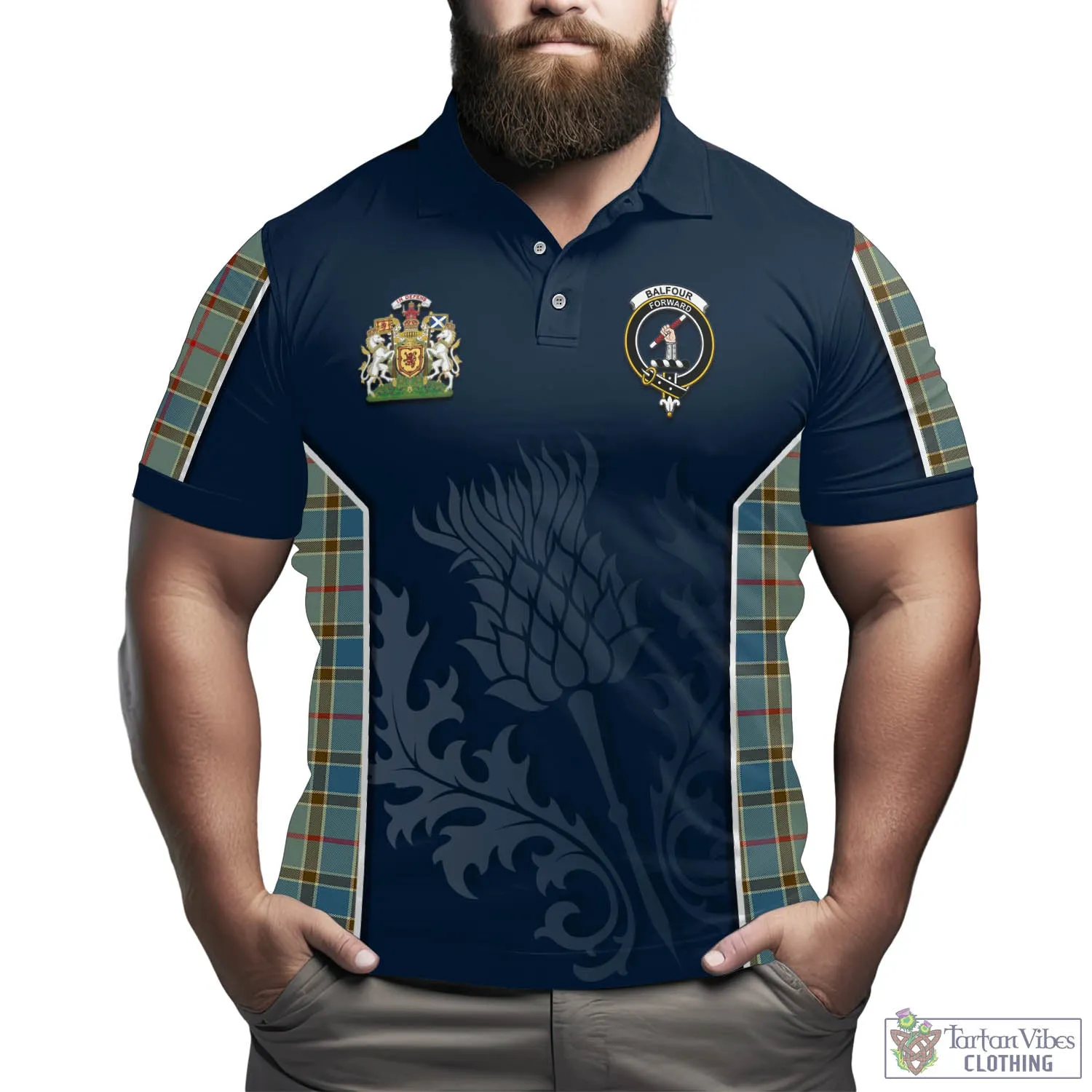 Balfour Blue Tartan Men's Polo Shirt with Family Crest and Scottish Thistle Vibes Sport Style