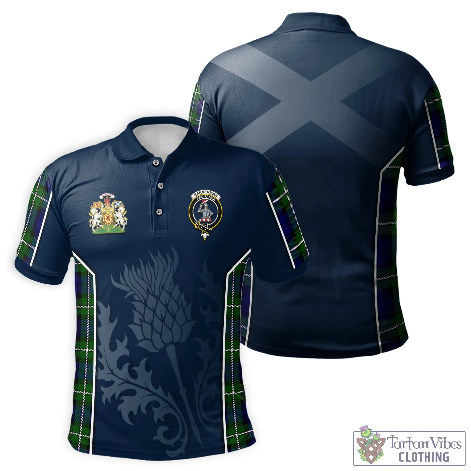 Bannerman Tartan Men's Polo Shirt with Family Crest and Scottish Thistle Vibes Sport Style