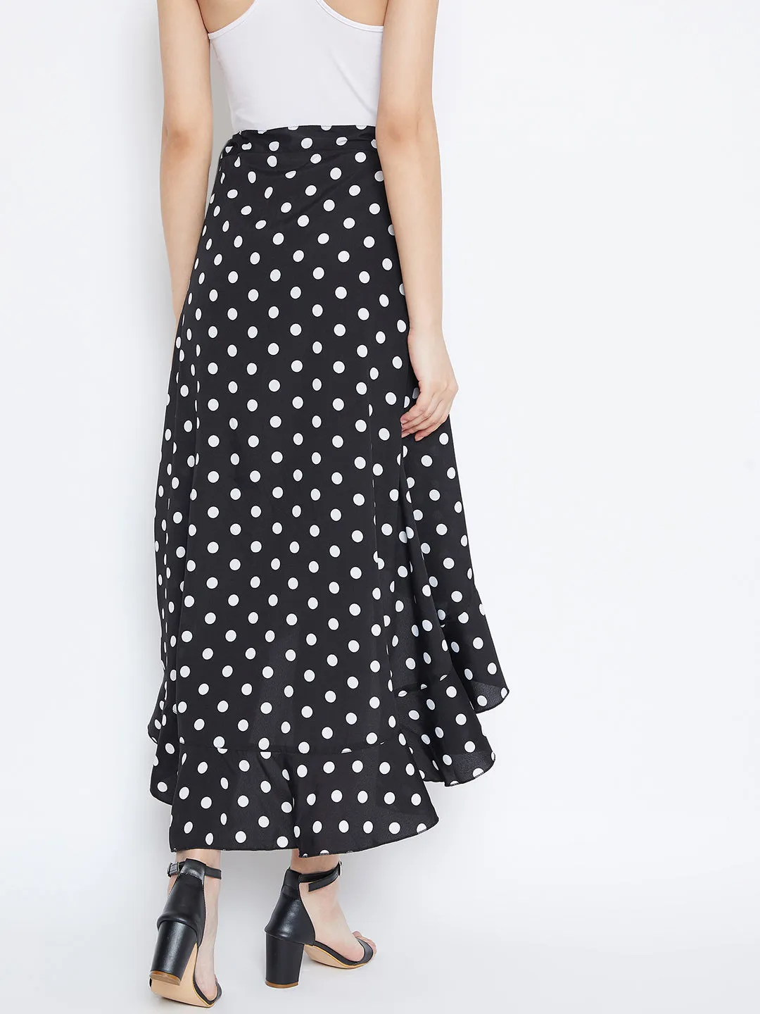 Berrylush Women Black Polka Dot Print Ruffled Wrap Midi Skirt