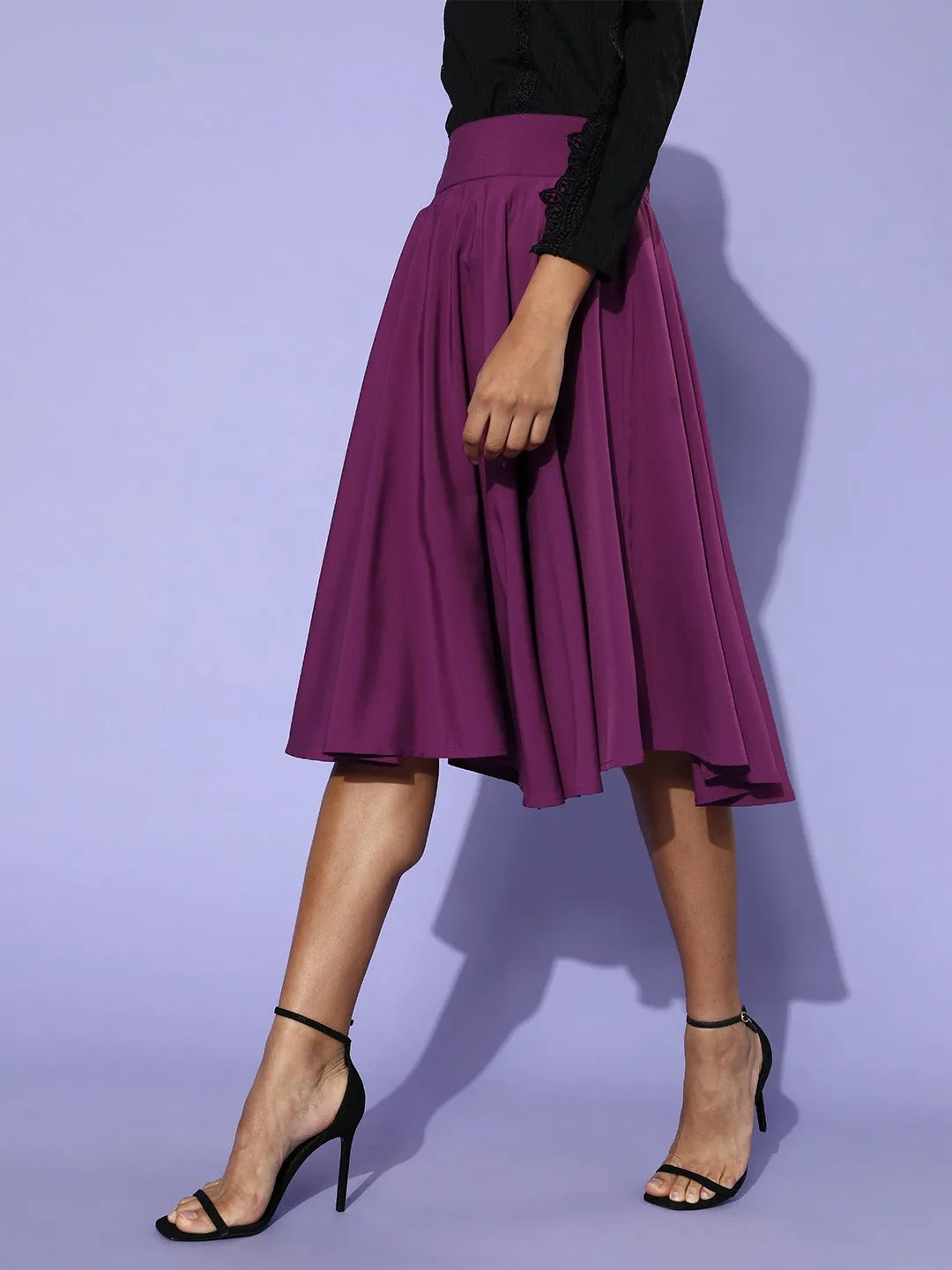 Berrylush Women Solid Purple Flared A-Line Midi Skirt