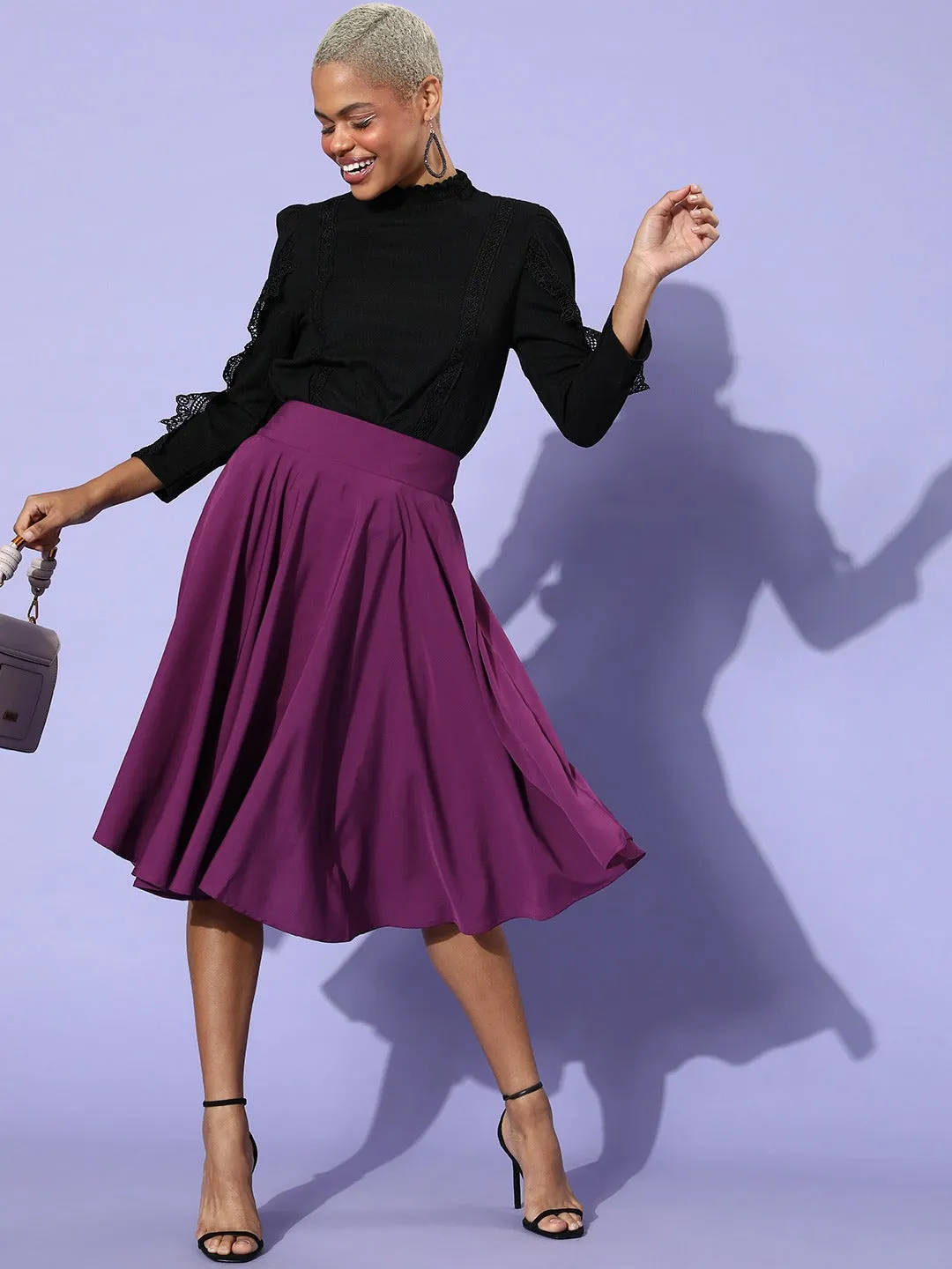 Berrylush Women Solid Purple Flared A-Line Midi Skirt