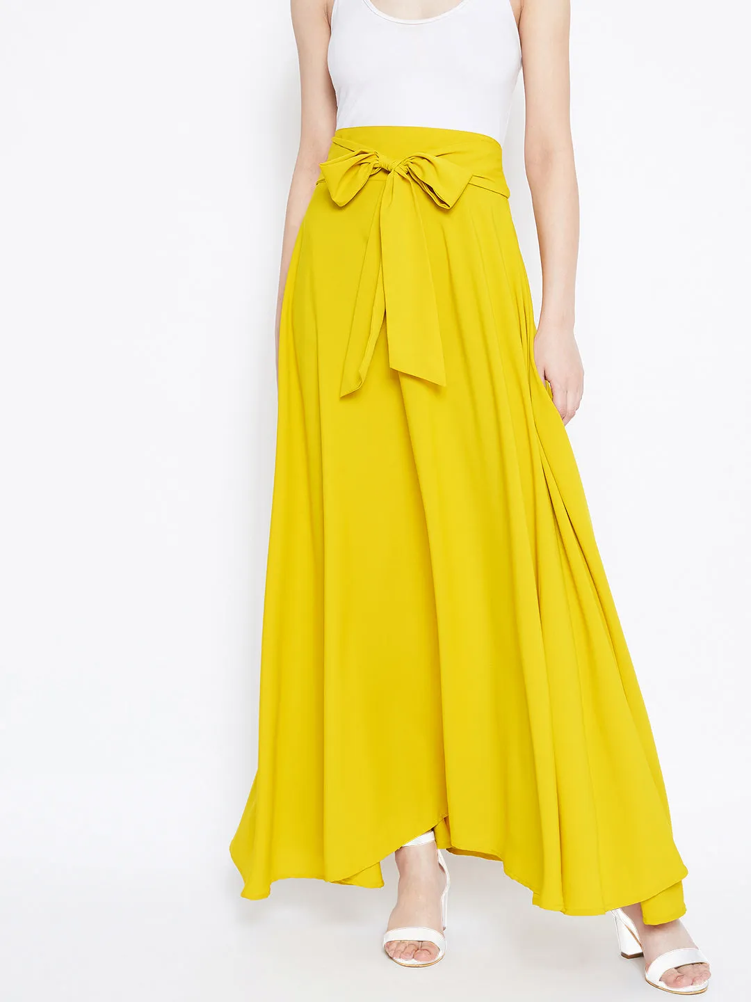 Berrylush Women Solid Yellow Waist Bow Tie-Up Pleated Maxi Skirt