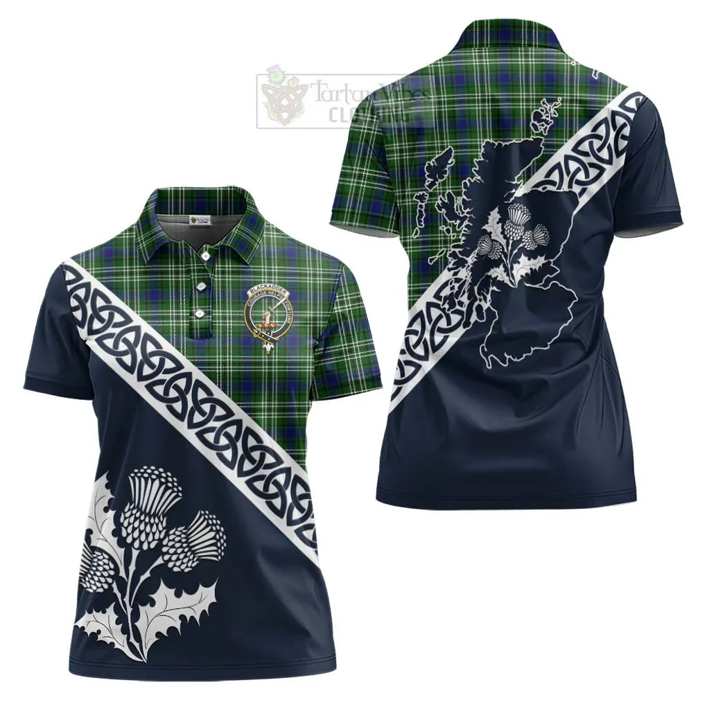 Blackadder Tartan Women's Polo Shirt Featuring Thistle and Scotland Map