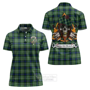 Blackadder Tartan Women's Polo Shirt with Family Crest and Bearded Skull Holding Bottles of Whiskey