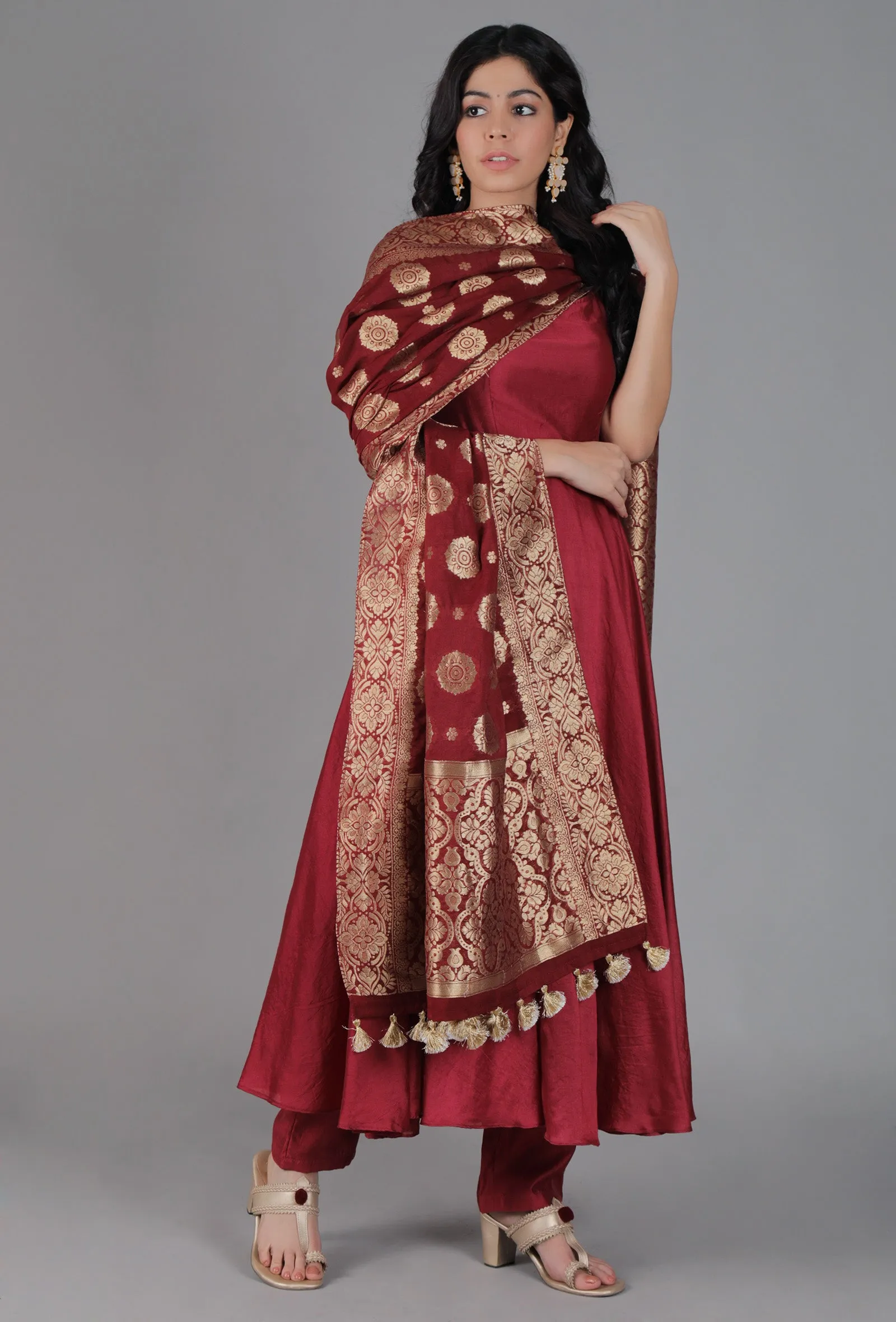 Blood Maroon Chanderi Brocade Dupatta