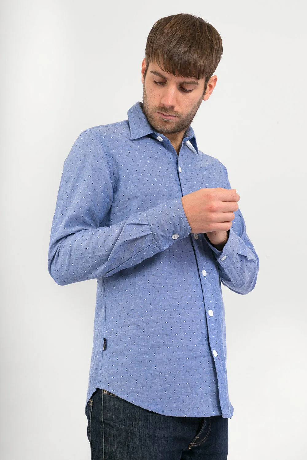 Blue Cotton Slim-Fit Long-Sleeve Shirt