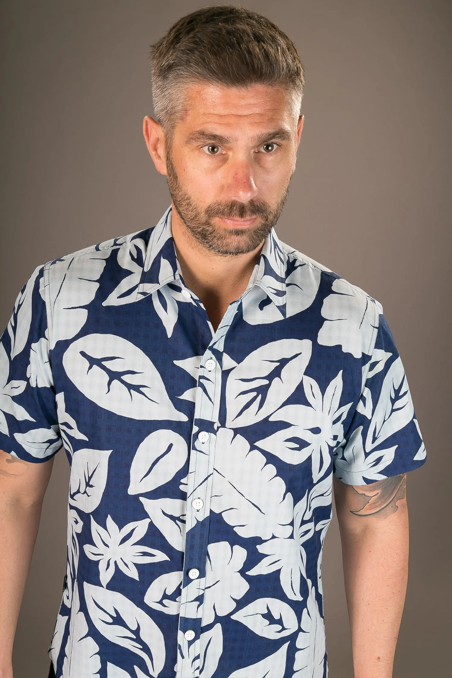 Blue Floral Large Aloha Print Cotton Slim Fit Mens Shirt Short Sleeve