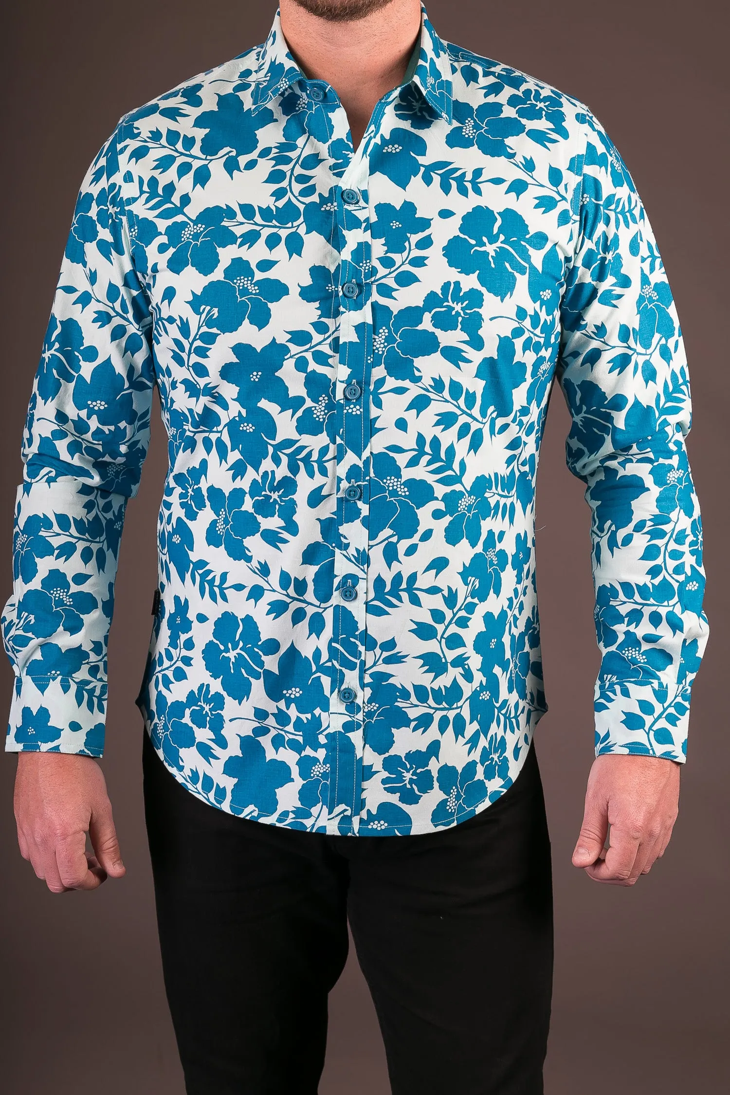 Blue Floral Print Cotton Slim Fit Mens Shirt Long Sleeve