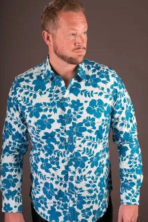 Blue Floral Print Cotton Slim Fit Mens Shirt Long Sleeve