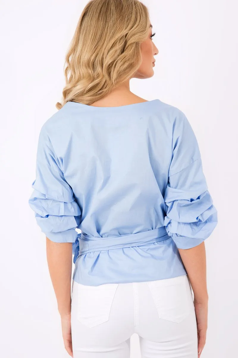 Blue Wrap Around  Tie Waist Top - Rhianna