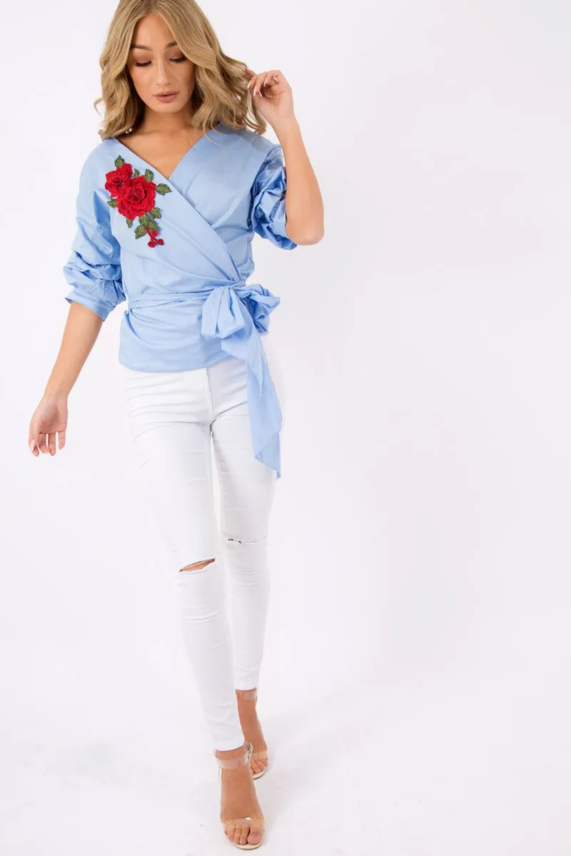 Blue Wrap Around  Tie Waist Top - Rhianna