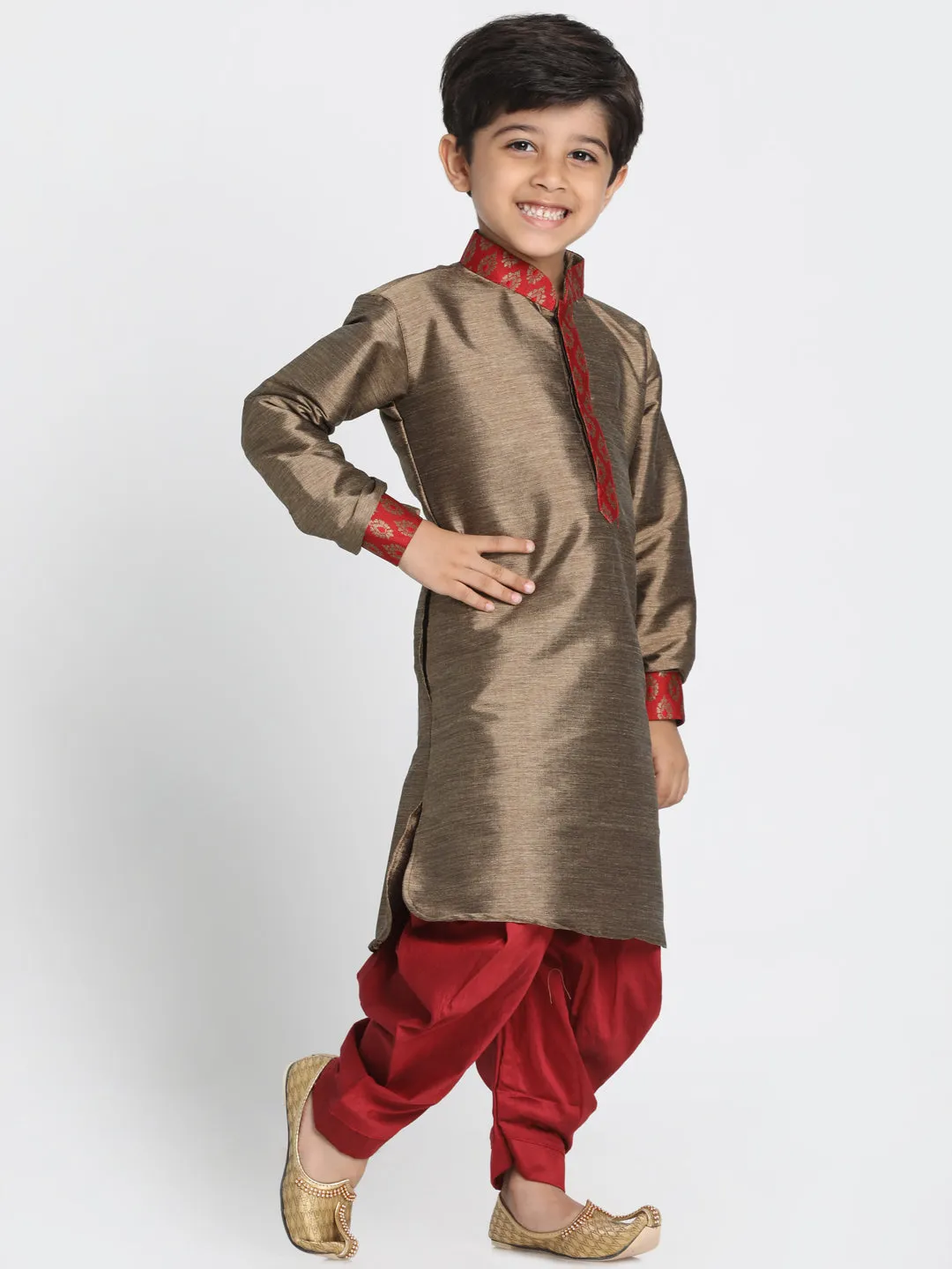 Boy's Bronze And Maroon Silk Blend Kurta And Dhoti Set - JBN Creation