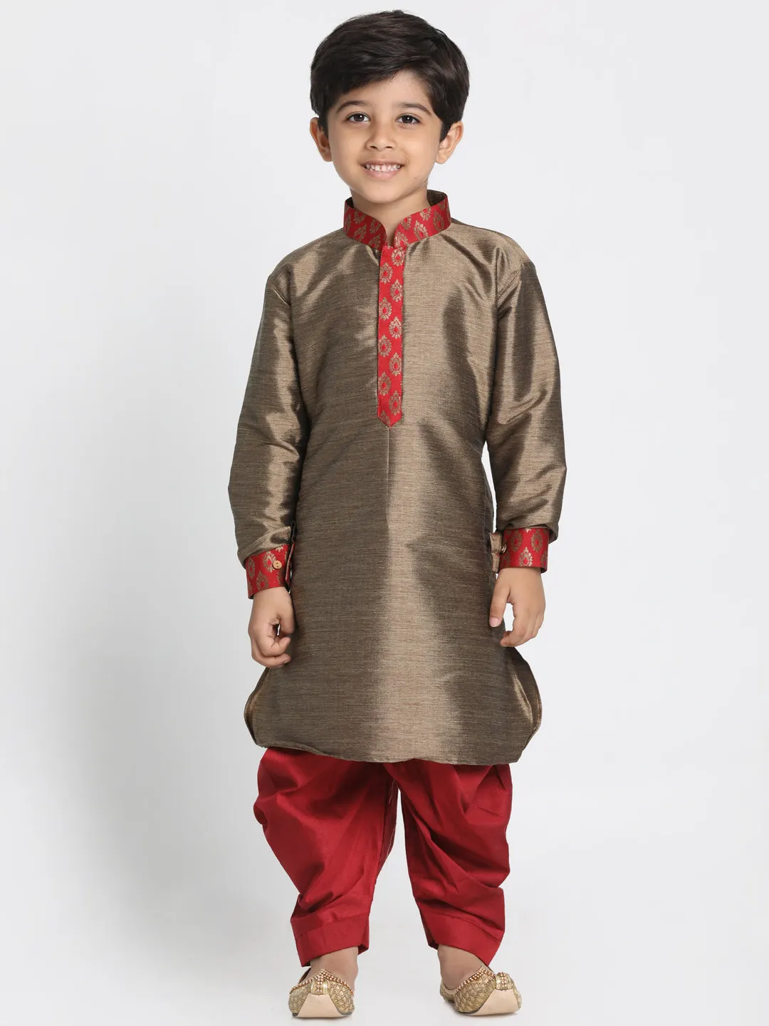 Boy's Bronze And Maroon Silk Blend Kurta And Dhoti Set - JBN Creation