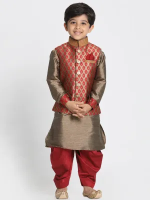 Boy's Maroon And Rose Gold Silk Blend Jacket, Kurta And Dhoti Set - JBN Creation