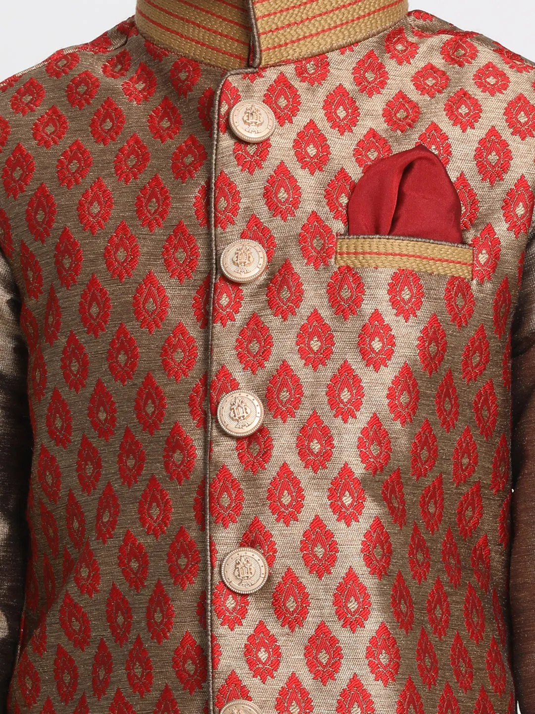 Boy's Maroon And Rose Gold Silk Blend Jacket, Kurta And Dhoti Set - JBN Creation