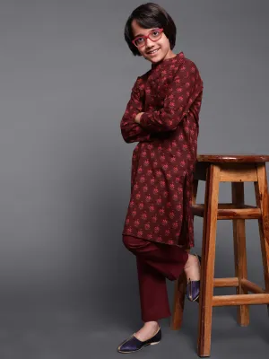 Boy's Maroon Floral Print Kurta With Pyjama - Aks Boys