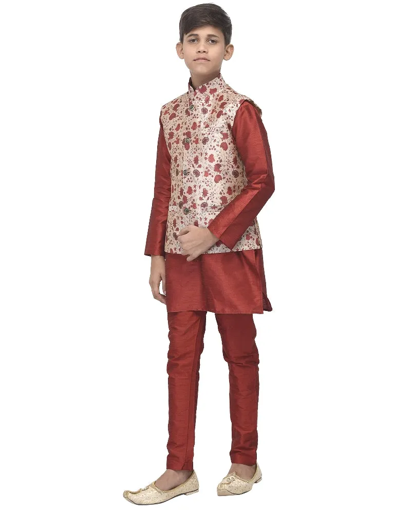 Boy's Maroon Kurta Pyjama & Maroon Floral Printed Nehrujacket - Benstoke KIDS