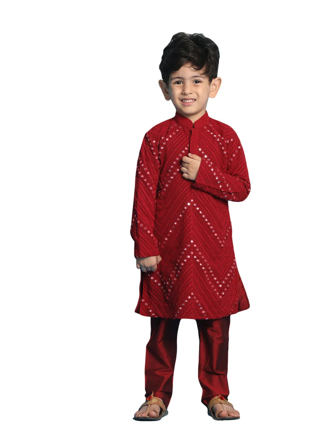 Boy's Maroon Mirror Work Kurta And Pyjama - Vastramay Boys