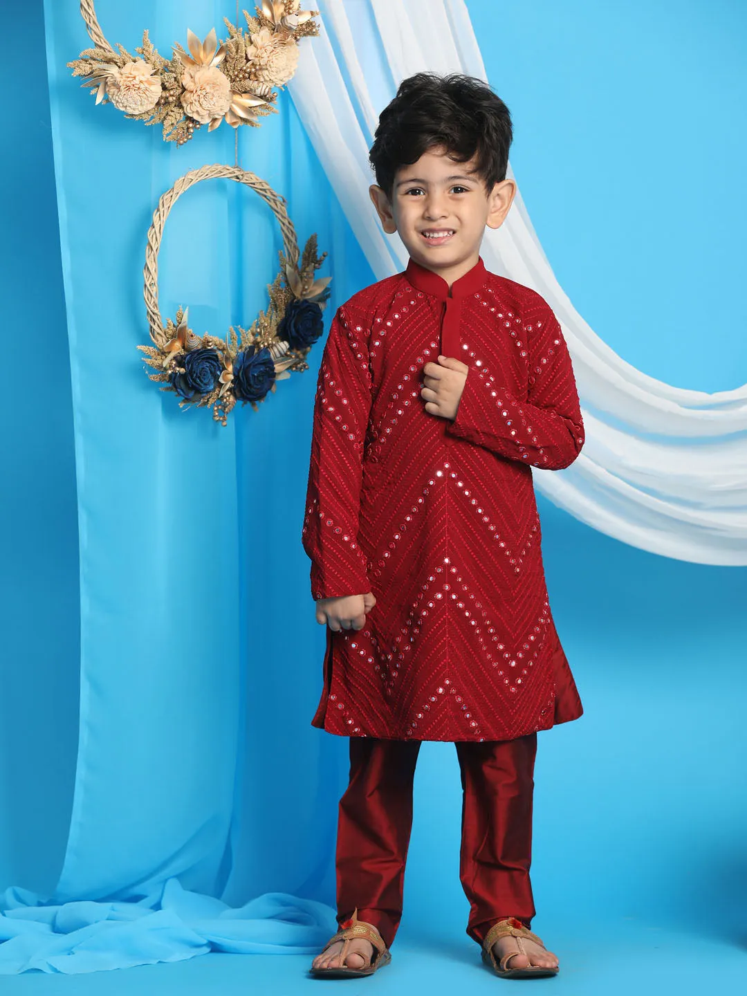 Boy's Maroon Mirror Work Kurta And Pyjama - Vastramay Boys