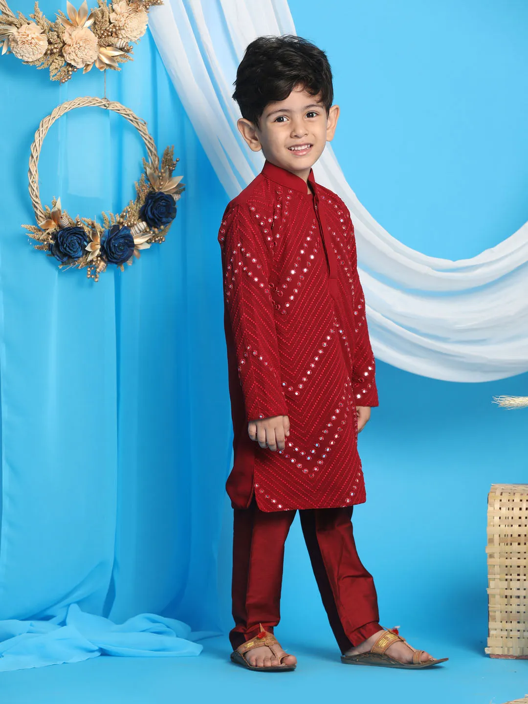 Boy's Maroon Mirror Work Kurta And Pyjama - Vastramay Boys