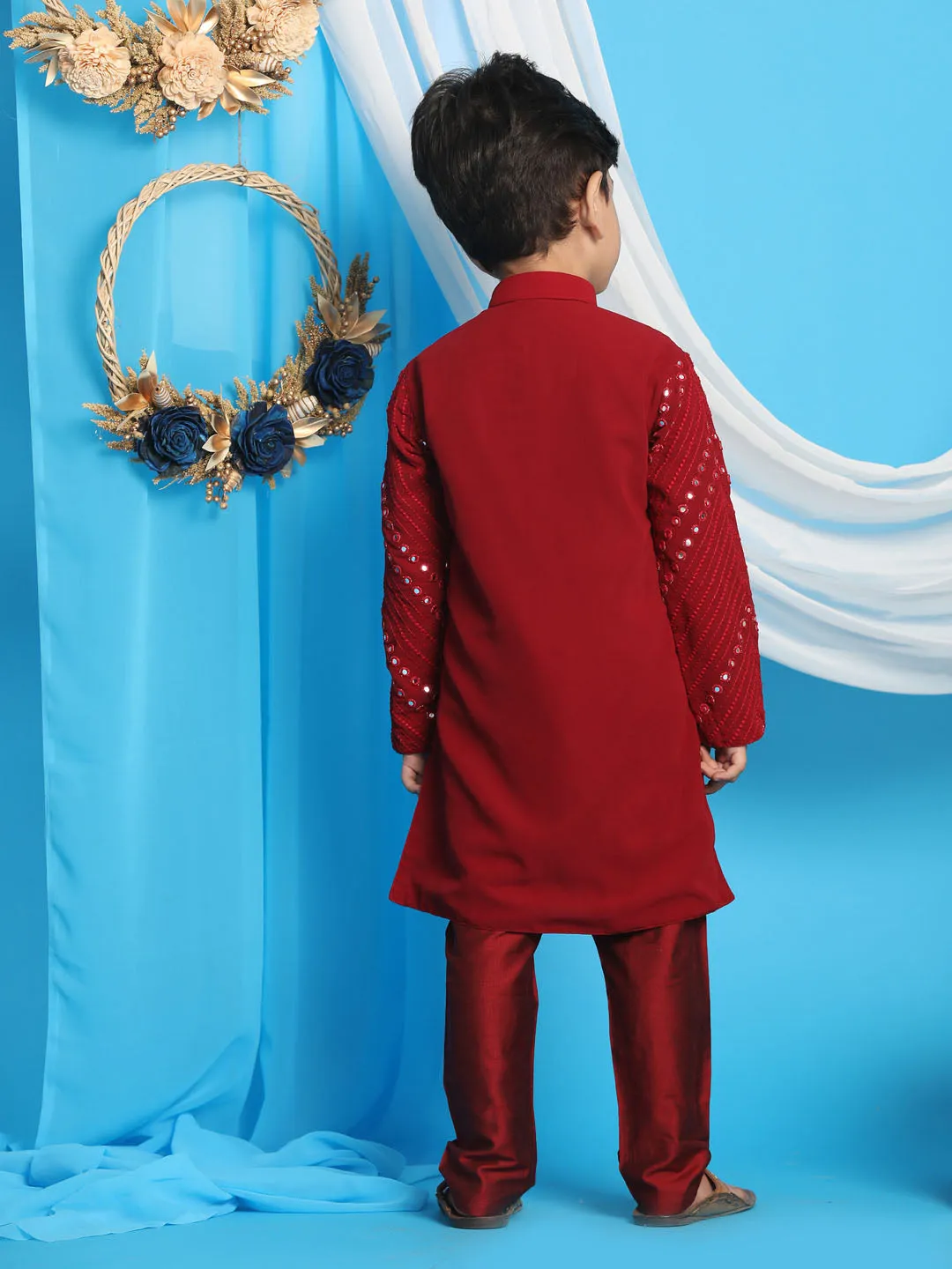 Boy's Maroon Mirror Work Kurta And Pyjama - Vastramay Boys