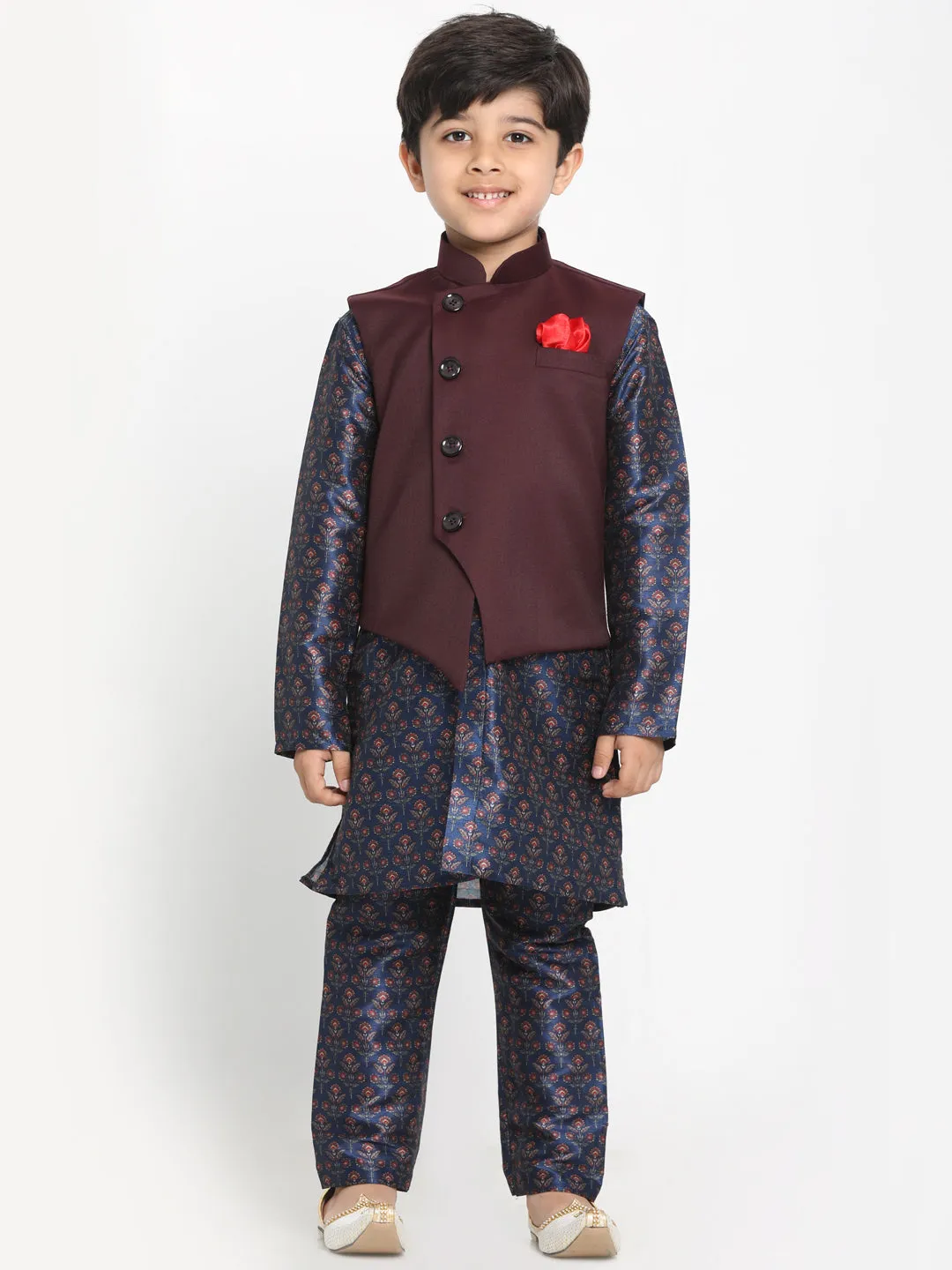 Boy's Multicolor-Base-Blue Silk Blend Jacket, Kurta And Pyjama Set - JBN Creation